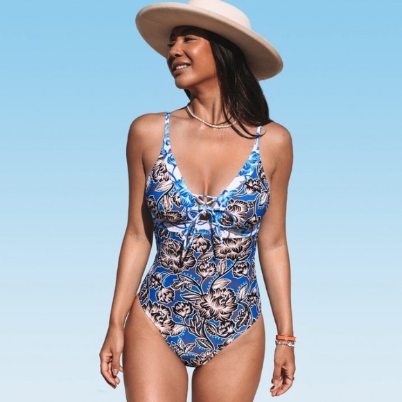 Cupshe Floral V-Neck, Self-Tie Back, Tummy Control Front One Piece Swimsuit - Picture 1 of 15